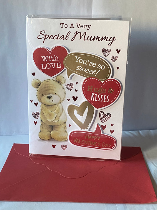 To A Very Special Mummy With Love You're So Sweet! Hugs & Kisses Happy Valentine's Day Valentines Day Card Teddy/Red+Gold Hearts/Words 3D/Foil Detail(PRELUDE47549)