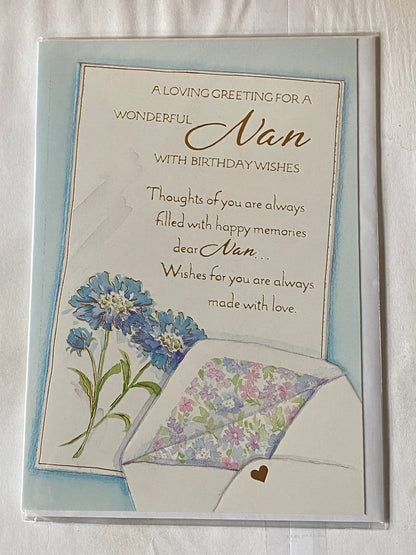 A Loving Greeting For A Wonderful Nan Birthday Card Blue Flowers/Gold Words Foil Detail(HSI400ESA)