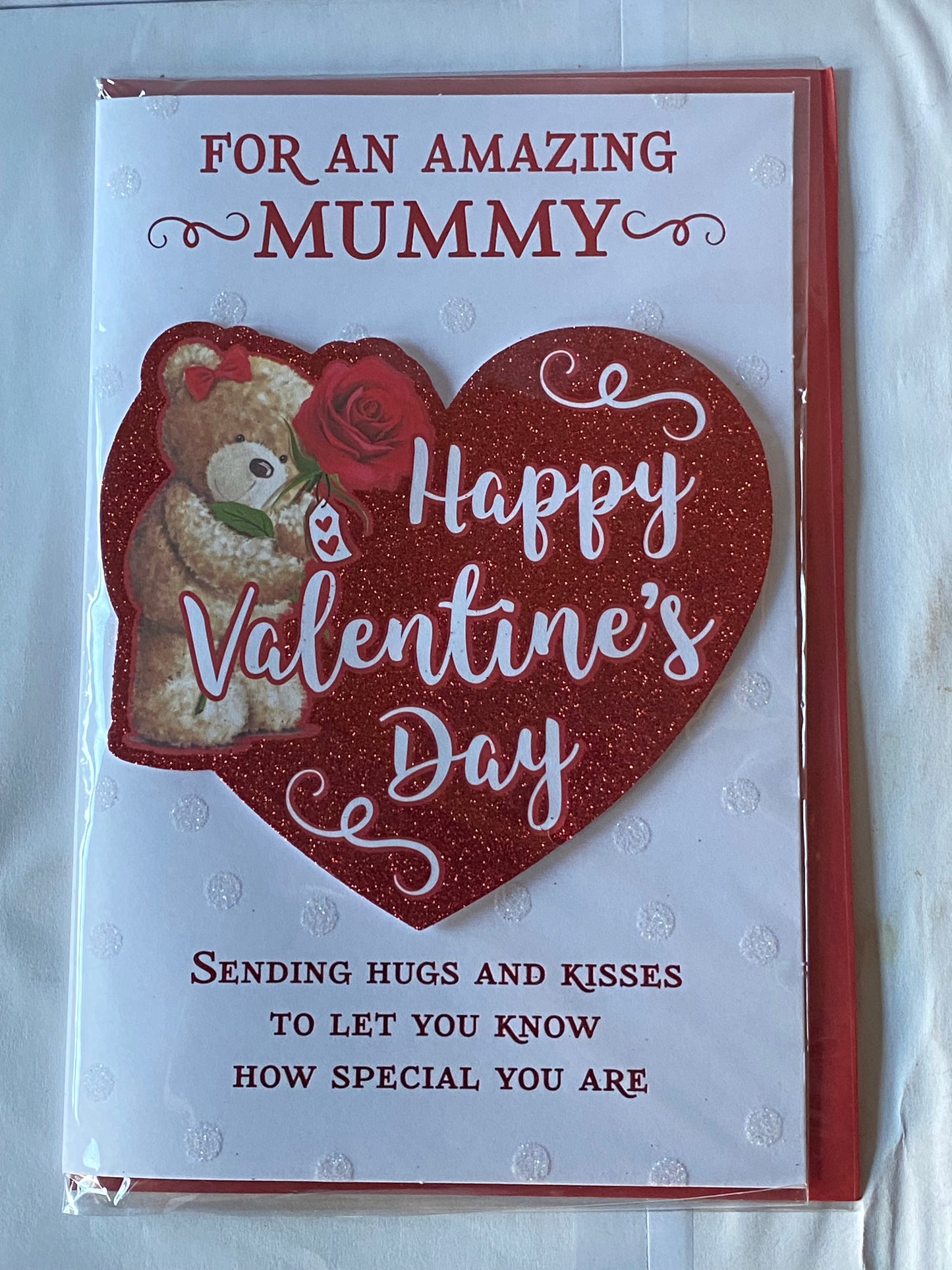 For An Amazing Mummy Happy Valentine's Day Valentines Day Card Teddy/Red Rose/Red Glitter Heart Foil/Heart 3D/Glitter/Foil Detail(PRELUDE47557)