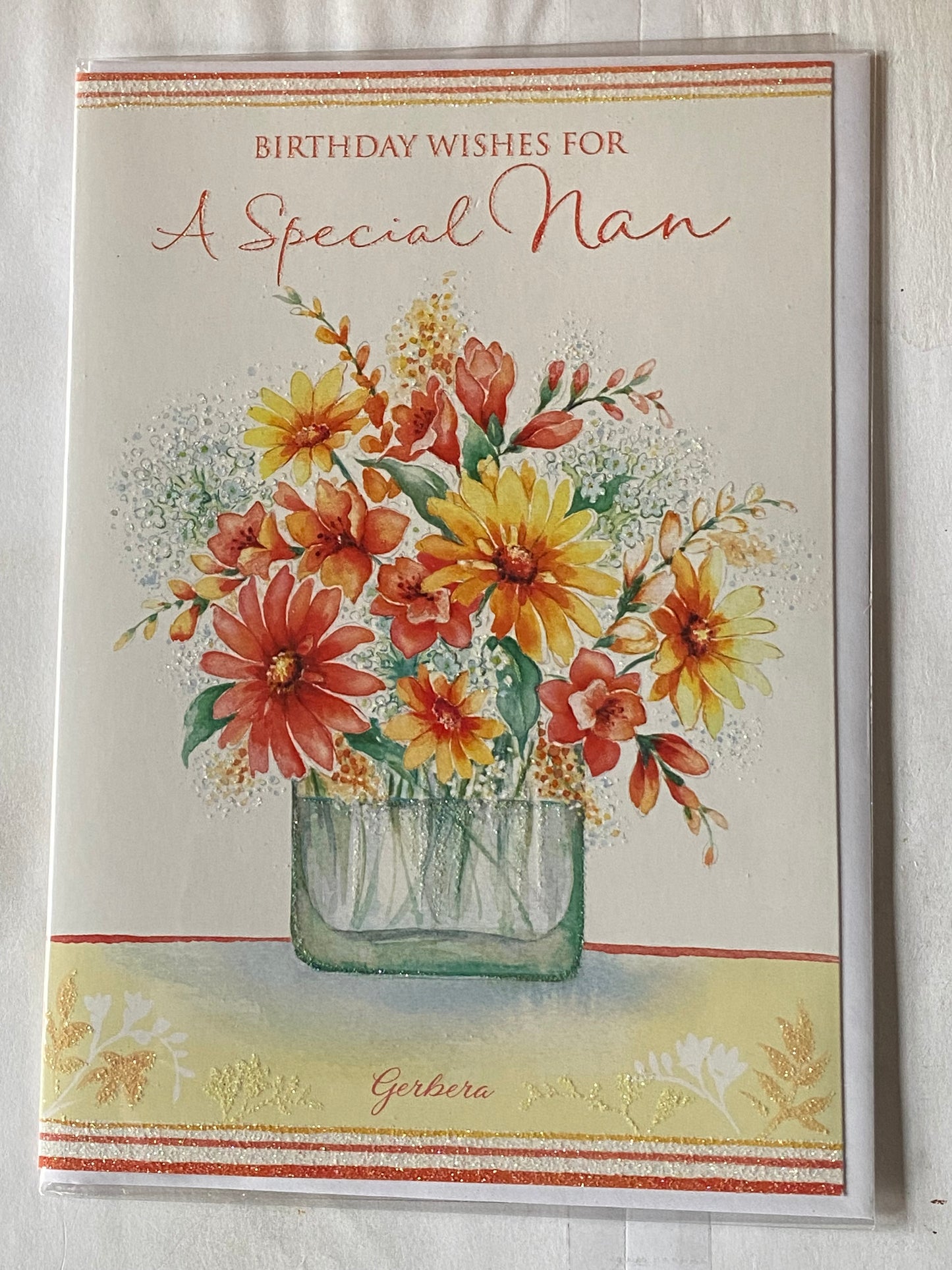 Birthday Wishes For A Special Nan Birthday Card Orange/Yellow Flowers/Vase Glitter Detail(HSI400CSA)