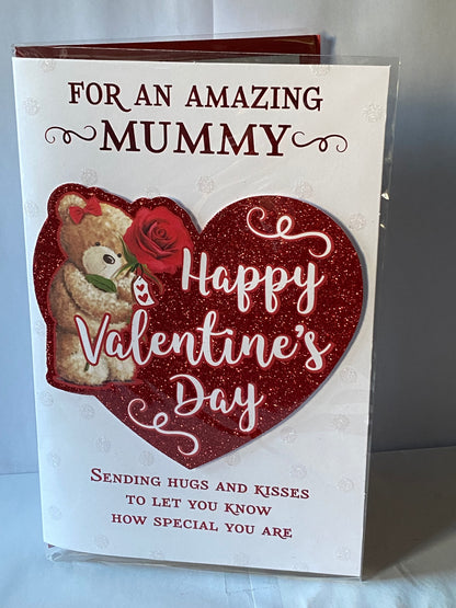 For An Amazing Mummy Happy Valentine's Day Valentines Day Card Teddy/Red Rose/Red Glitter Heart Foil/Heart 3D/Glitter/Foil Detail(PRELUDE47557)