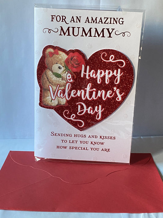 For An Amazing Mummy Happy Valentine's Day Valentines Day Card Teddy/Red Rose/Red Glitter Heart Foil/Heart 3D/Glitter/Foil Detail(PRELUDE47557)