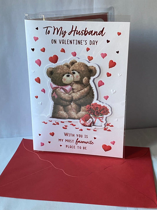 To My Husband On Valentine's Day Valentines Day Card Teddies/Red Hearts/Red Roses(PRELUDE46678)