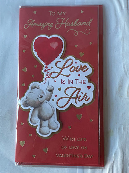 To My Amazing Husband Love Is In The Air Valentine's Day Valentines Day Card Red-Teddy Holding Red Heart Balloon/Gold Hearts(PRELUDE47552)