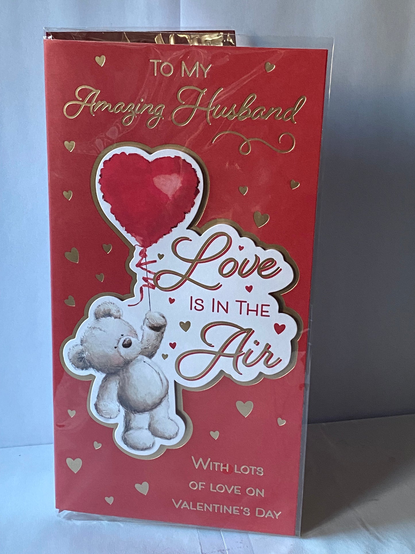 To My Amazing Husband Love Is In The Air Valentine's Day Valentines Day Card Red-Teddy Holding Red Heart Balloon/Gold Hearts(PRELUDE47552)