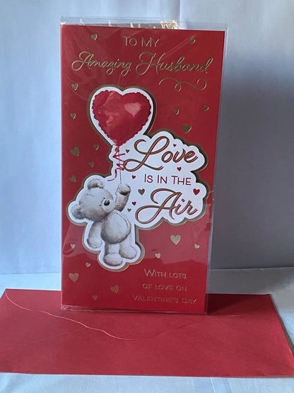 To My Amazing Husband Love Is In The Air Valentine's Day Valentines Day Card Red-Teddy Holding Red Heart Balloon/Gold Hearts(PRELUDE47552)