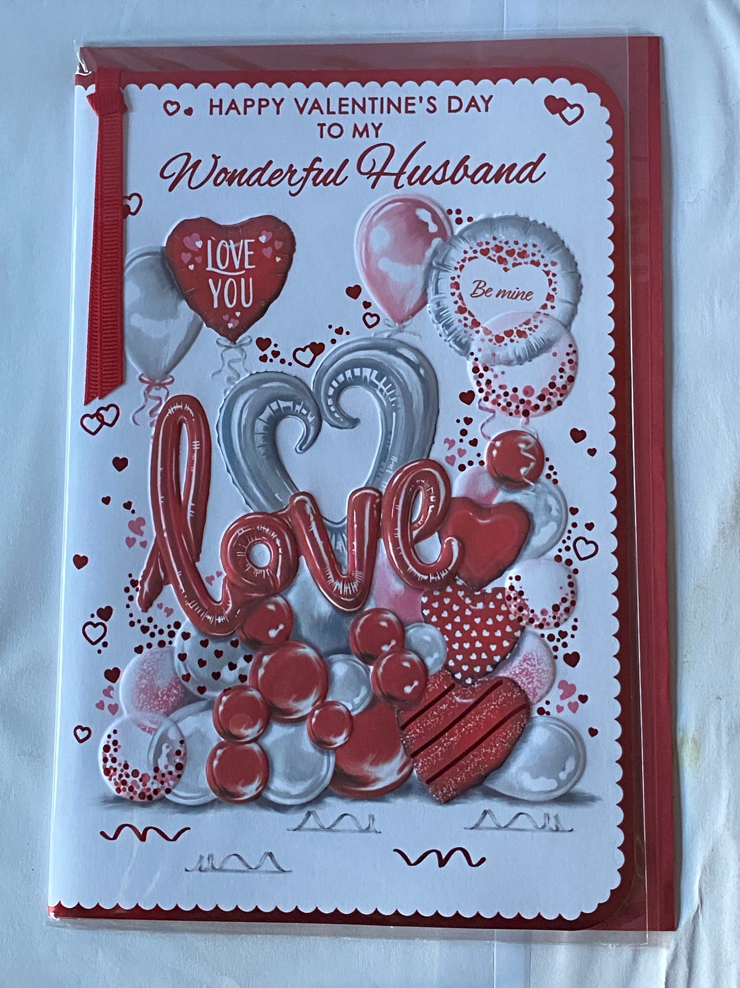 Happy Valentine's Day To My Wonderful Husband Love Valentines Day Card Balloons/Hearts Ribbon/Foil Detail(PRELUDE48627)