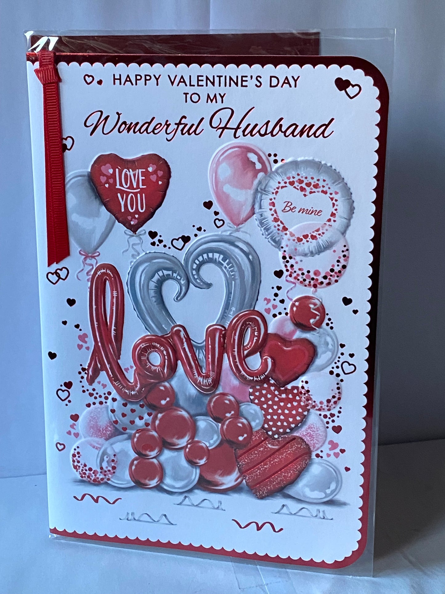 Happy Valentine's Day To My Wonderful Husband Love Valentines Day Card Balloons/Hearts Ribbon/Foil Detail(PRELUDE48627)