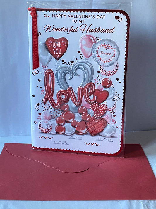 Happy Valentine's Day To My Wonderful Husband Love Valentines Day Card Balloons/Hearts Ribbon/Foil Detail(PRELUDE48627)