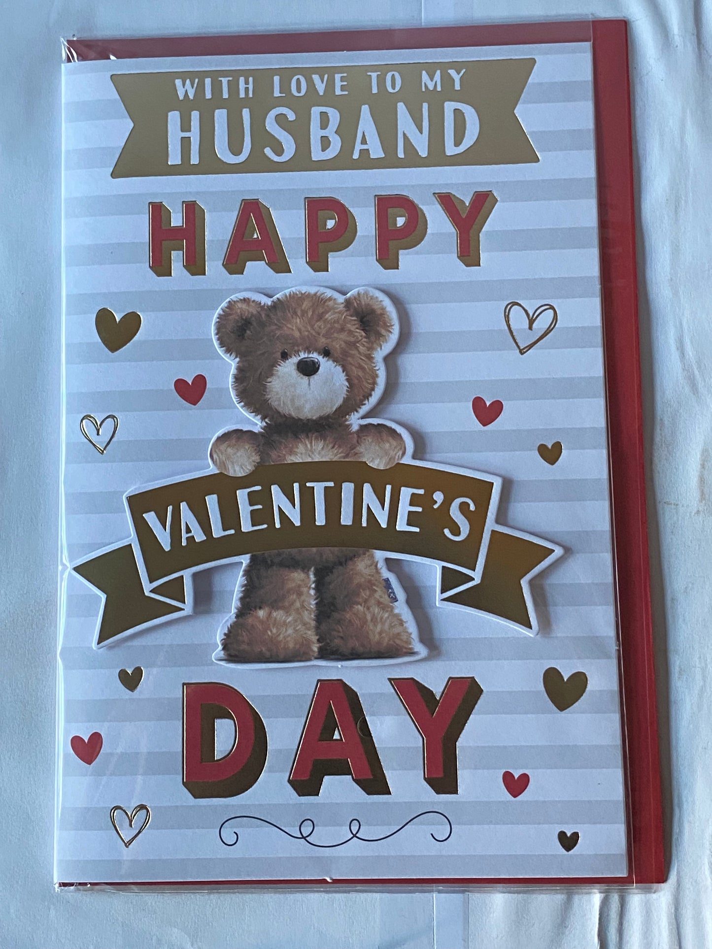 With Love To My Husband Happy Valentine's Day Valentines Day Card Teddy/Words/Hearts/Stripes 3D/Foil Detail(PRELUDE47558)