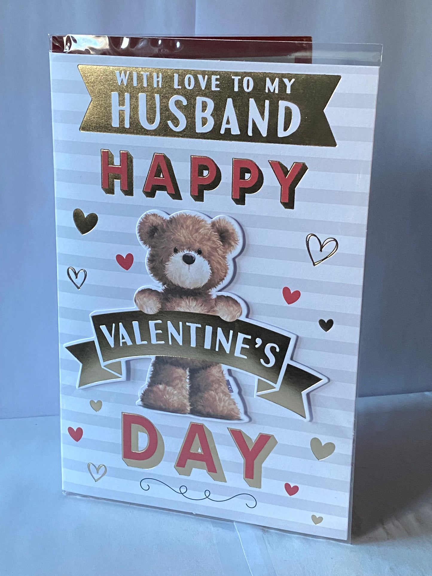 With Love To My Husband Happy Valentine's Day Valentines Day Card Teddy/Words/Hearts/Stripes 3D/Foil Detail(PRELUDE47558)