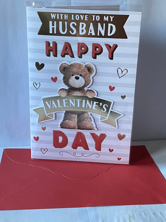 With Love To My Husband Happy Valentine's Day Valentines Day Card Teddy/Words/Hearts/Stripes 3D/Foil Detail(PRELUDE47558)