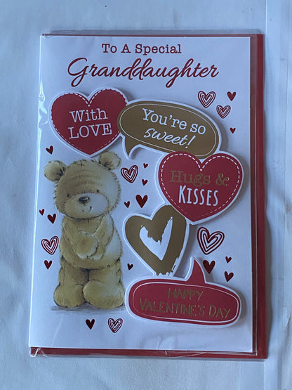 To A Special Granddaughter With Love You're So Sweet! Hugs & Kisses Happy Valentine's Day Valentines Day Card Teddy/Red+Gold Hearts/Words 3D/Foil Detail(PRELUDE47549)