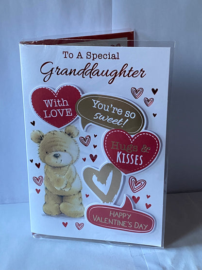 To A Special Granddaughter With Love You're So Sweet! Hugs & Kisses Happy Valentine's Day Valentines Day Card Teddy/Red+Gold Hearts/Words 3D/Foil Detail(PRELUDE47549)