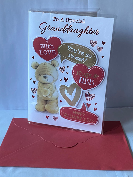 To A Special Granddaughter With Love You're So Sweet! Hugs & Kisses Happy Valentine's Day Valentines Day Card Teddy/Red+Gold Hearts/Words 3D/Foil Detail(PRELUDE47549)