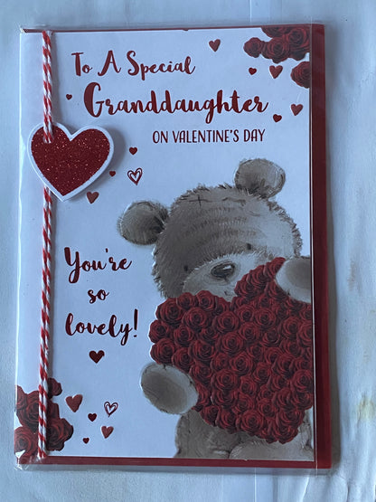 To A Special Granddaughter On Valentine's Day You're So Lovely! Valentines Day Card Teddy Holding Big Red Rose Heart String/Glitter/3D/Foil Detail(PRELUDE45309)