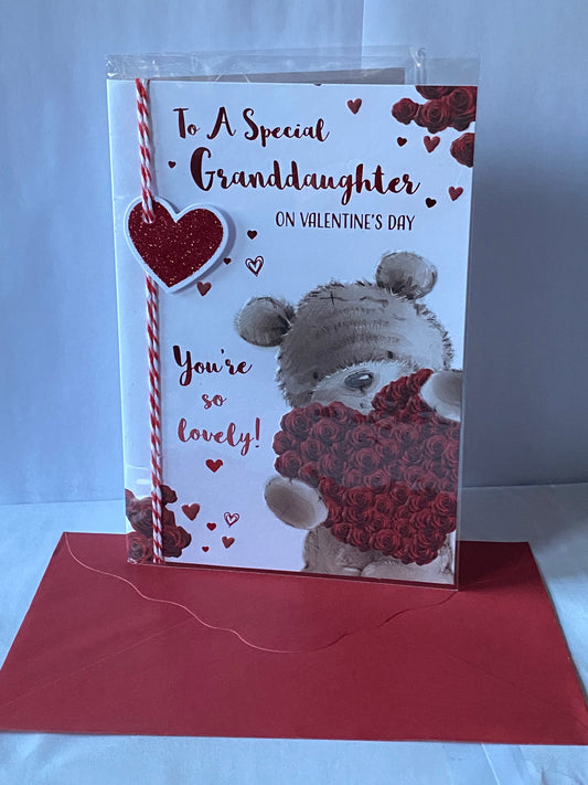 To A Special Granddaughter On Valentine's Day You're So Lovely! Valentines Day Card Teddy Holding Big Red Rose Heart String/Glitter/3D/Foil Detail(PRELUDE45309)