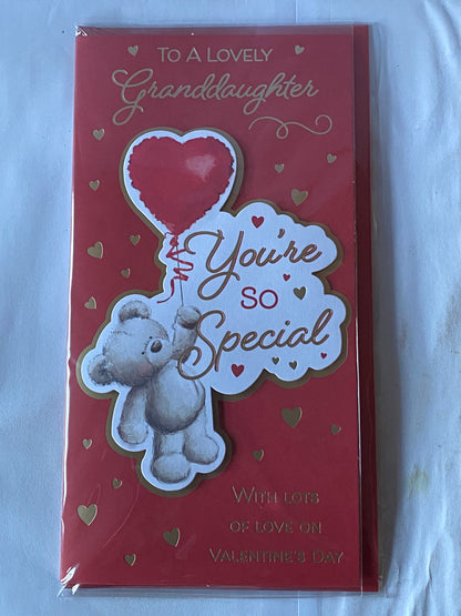 To A Lovely Granddaughter You're So Special Valentine's Day Valentines Day Card Red-Teddy Holding Red Heart Balloon/Gold Hearts 3D/Foil Detail(PRELUDE47552)