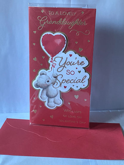 To A Lovely Granddaughter You're So Special Valentine's Day Valentines Day Card Red-Teddy Holding Red Heart Balloon/Gold Hearts 3D/Foil Detail(PRELUDE47552)