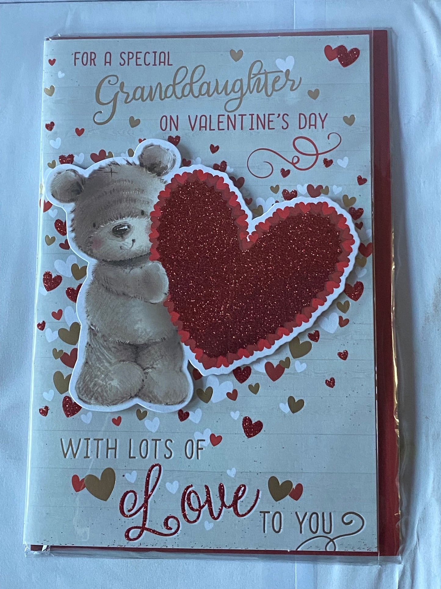 For A Special Granddaughter On Valentine's Day With Lots Of Love To You Valentines Day Card Teddy Holding Big Red Glitter Heart/Hearts/Words 3D/Glitter/Foil Detail(PRELUDE45319)