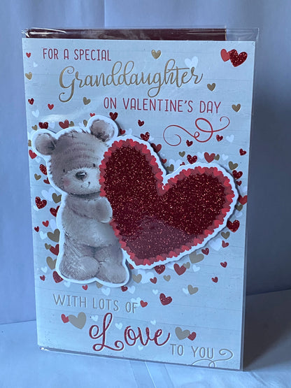 For A Special Granddaughter On Valentine's Day With Lots Of Love To You Valentines Day Card Teddy Holding Big Red Glitter Heart/Hearts/Words 3D/Glitter/Foil Detail(PRELUDE45319)