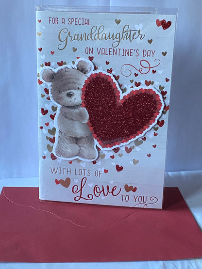 For A Special Granddaughter On Valentine's Day With Lots Of Love To You Valentines Day Card Teddy Holding Big Red Glitter Heart/Hearts/Words 3D/Glitter/Foil Detail(PRELUDE45319)