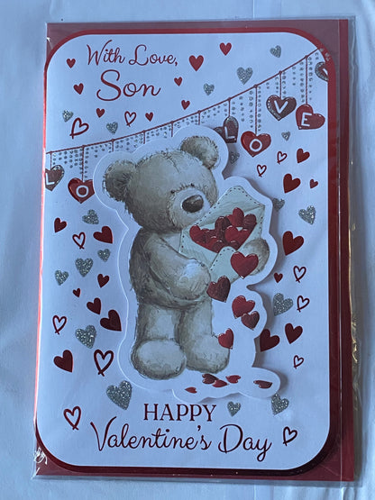 With Love Son Happy Valentine's Day Valentines Day Card Teddies/Hearts/Envelope 3D/Glitter/Foil Detail(PRELUDE45320)