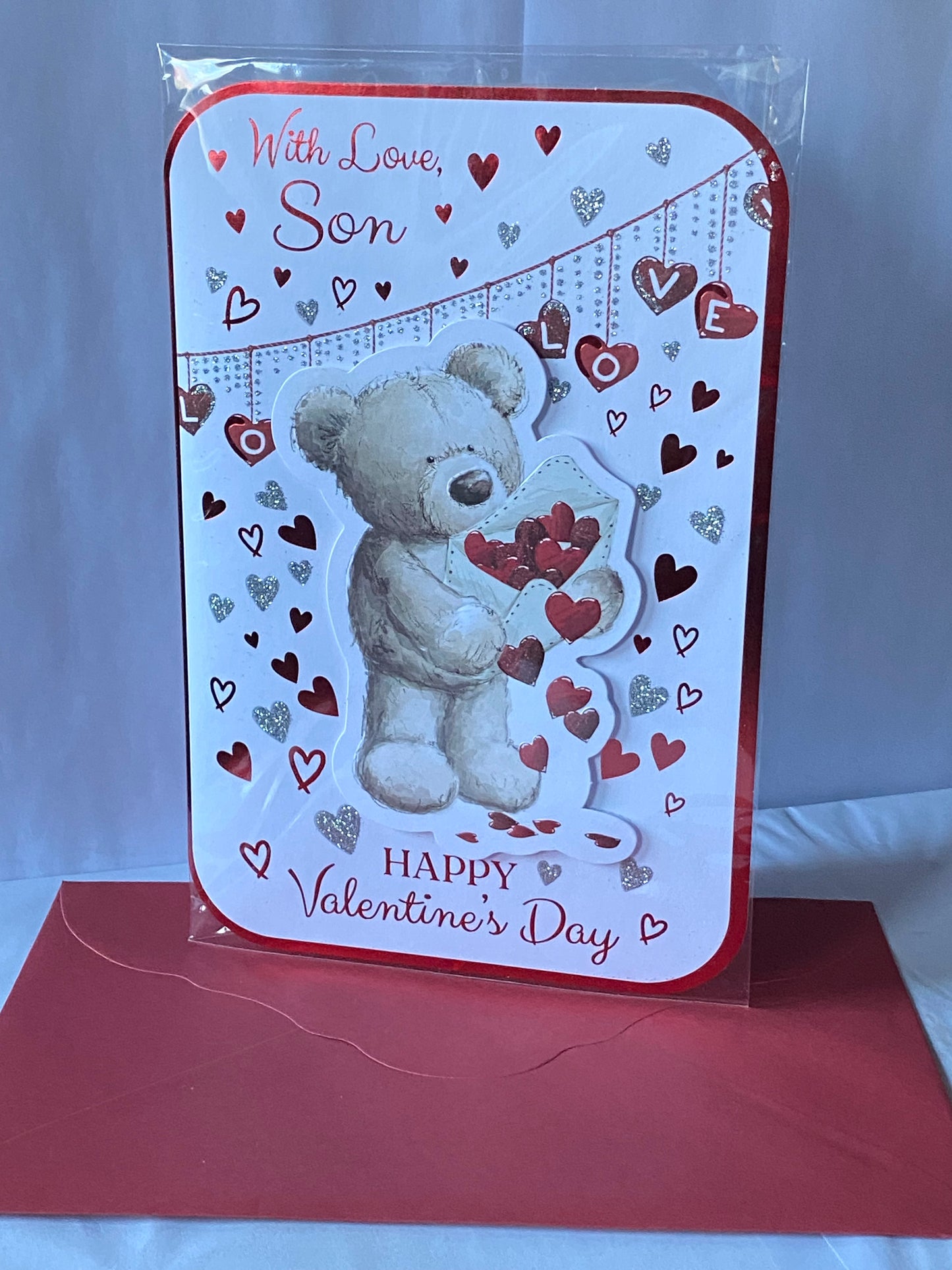 With Love Son Happy Valentine's Day Valentines Day Card Teddies/Hearts/Envelope 3D/Glitter/Foil Detail(PRELUDE45320)