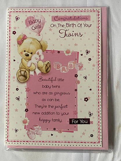 Congratulations On The Birth Of Your Twins For You New Baby Girls Twin Girls New Baby Girl Born Birth Card White-Teddy/Pink Balloon+Rabbit/Pink Words Foil Detail(PH41077E)