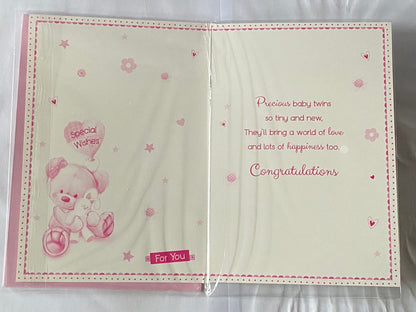 Congratulations On The Birth Of Your Twins For You New Baby Girls Twin Girls New Baby Girl Born Birth Card White-Teddy/Pink Balloon+Rabbit/Pink Words Foil Detail(PH41077E)