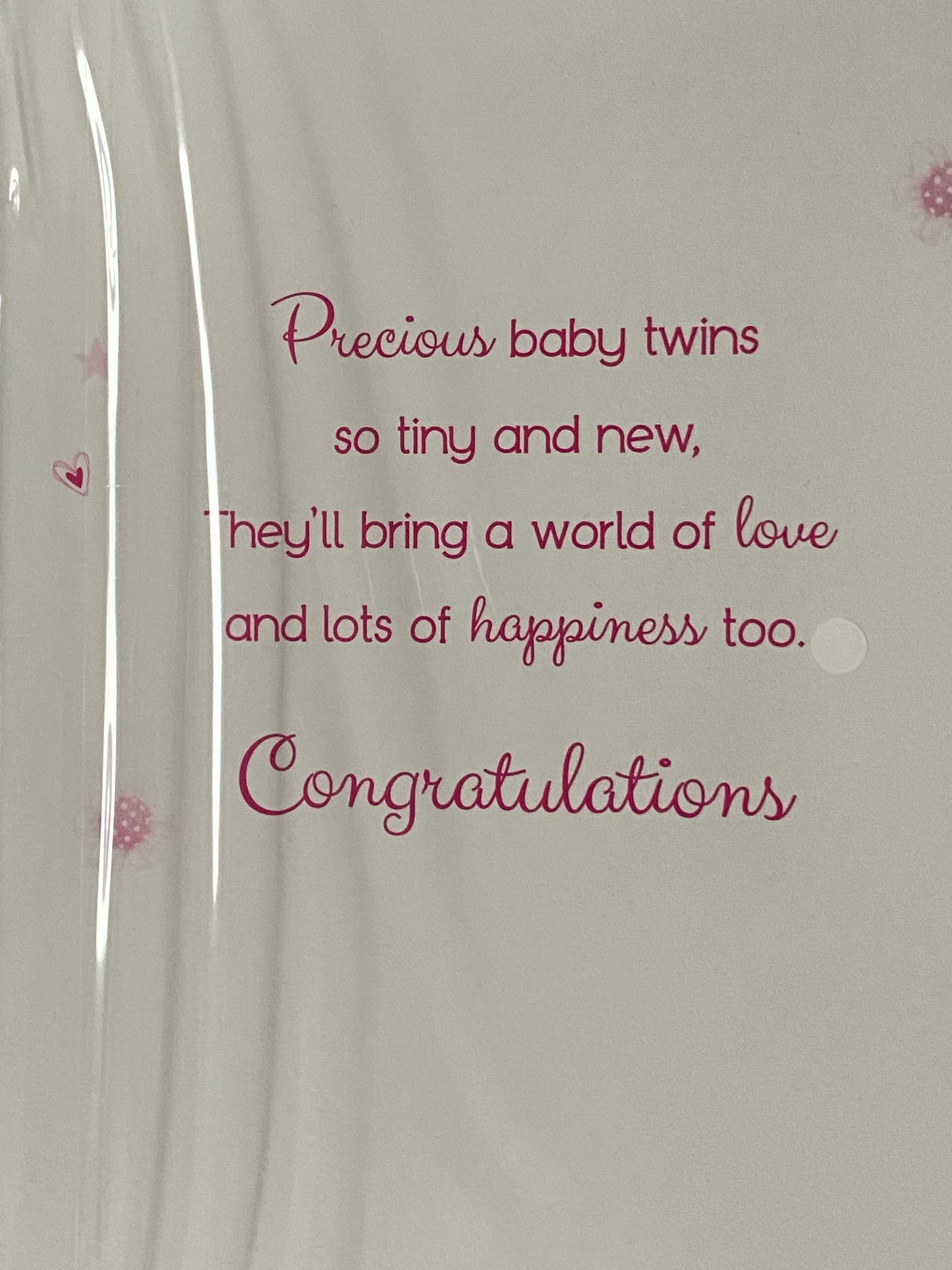 Congratulations On The Birth Of Your Twins For You New Baby Girls Twin Girls New Baby Girl Born Birth Card White-Teddy/Pink Balloon+Rabbit/Pink Words Foil Detail(PH41077E)