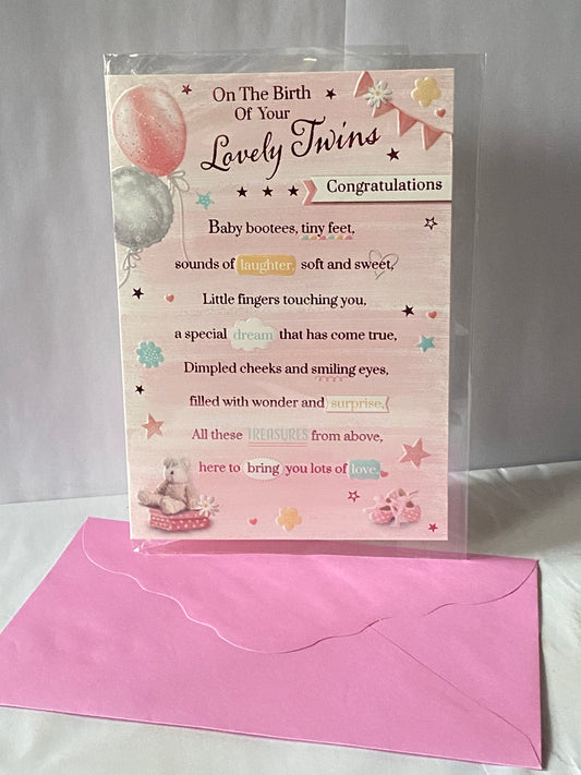 On The Birth Of Your Lovely Twins Congratulations Twin Girls New Baby Girl Born Birth Card Pink-Teddy/Booties/Balloons/Pink Words Foil Detail(PH48413A)