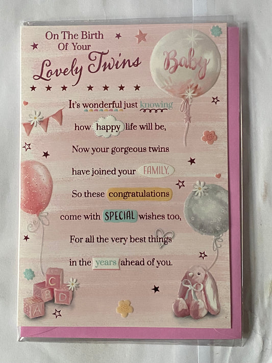 On The Birth Of Your Lovely Twins Twin Girls New Baby Girl Born Birth Card Pink-Teddy/Toy Bricks/Rabbit/Balloons/Pink Words Foil Detail(PH48413E)