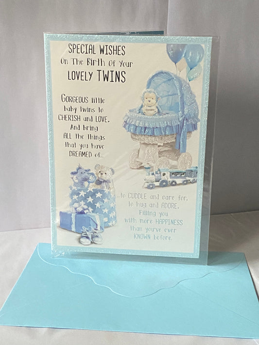 Special Wishes On The Birth Of Your Lovely Twins New Baby Boy Twin Boys Born Birth Card White/Blue/Silver Moses Basket/Monkey/Toys/Words Glitter/Foil Detail(PH42353A)