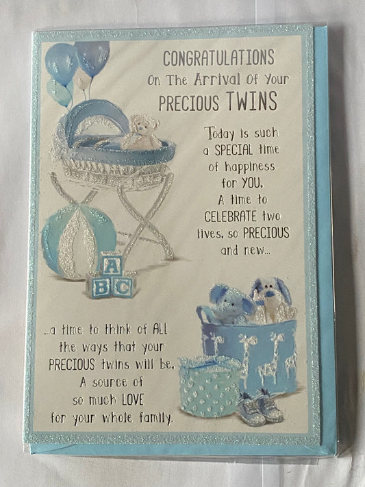 Congratulations On The Arrival Of Your Precious Twins New Baby Boy Twin Boys Born Birth Card White/Blue/Silver Moses Basket/Teddy/Toys/Words Glitter/Foil Detail(PH42353E)