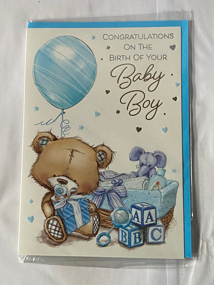 Congratulations On The Birth Of Your Baby Boy New Baby Your Son Born Birth Card Baby Teddy/Blue Balloon+Elephant Foil Detail(PH45873A)