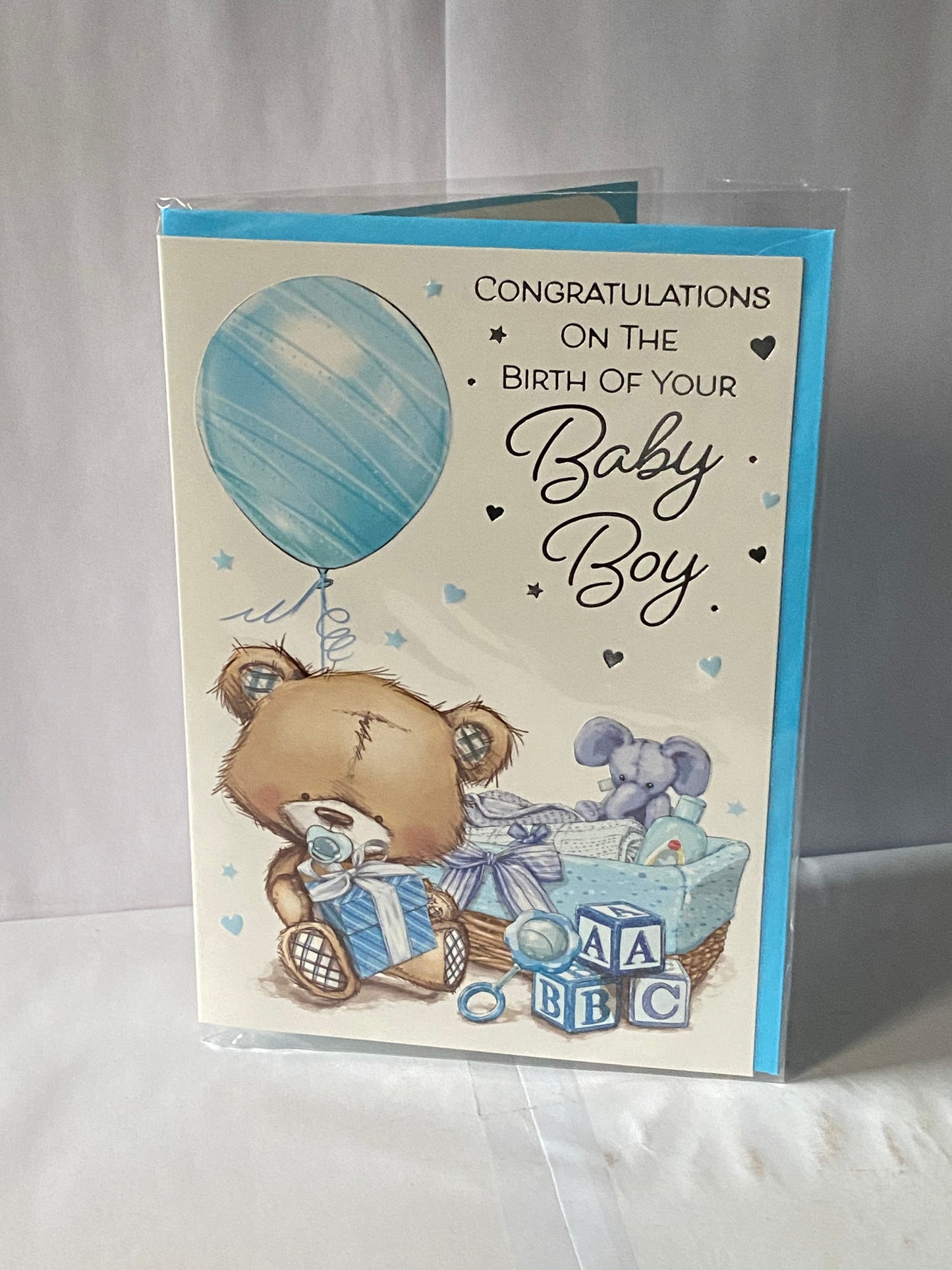 Congratulations On The Birth Of Your Baby Boy New Baby Your Son Born Birth Card Baby Teddy/Blue Balloon+Elephant Foil Detail(PH45873A)