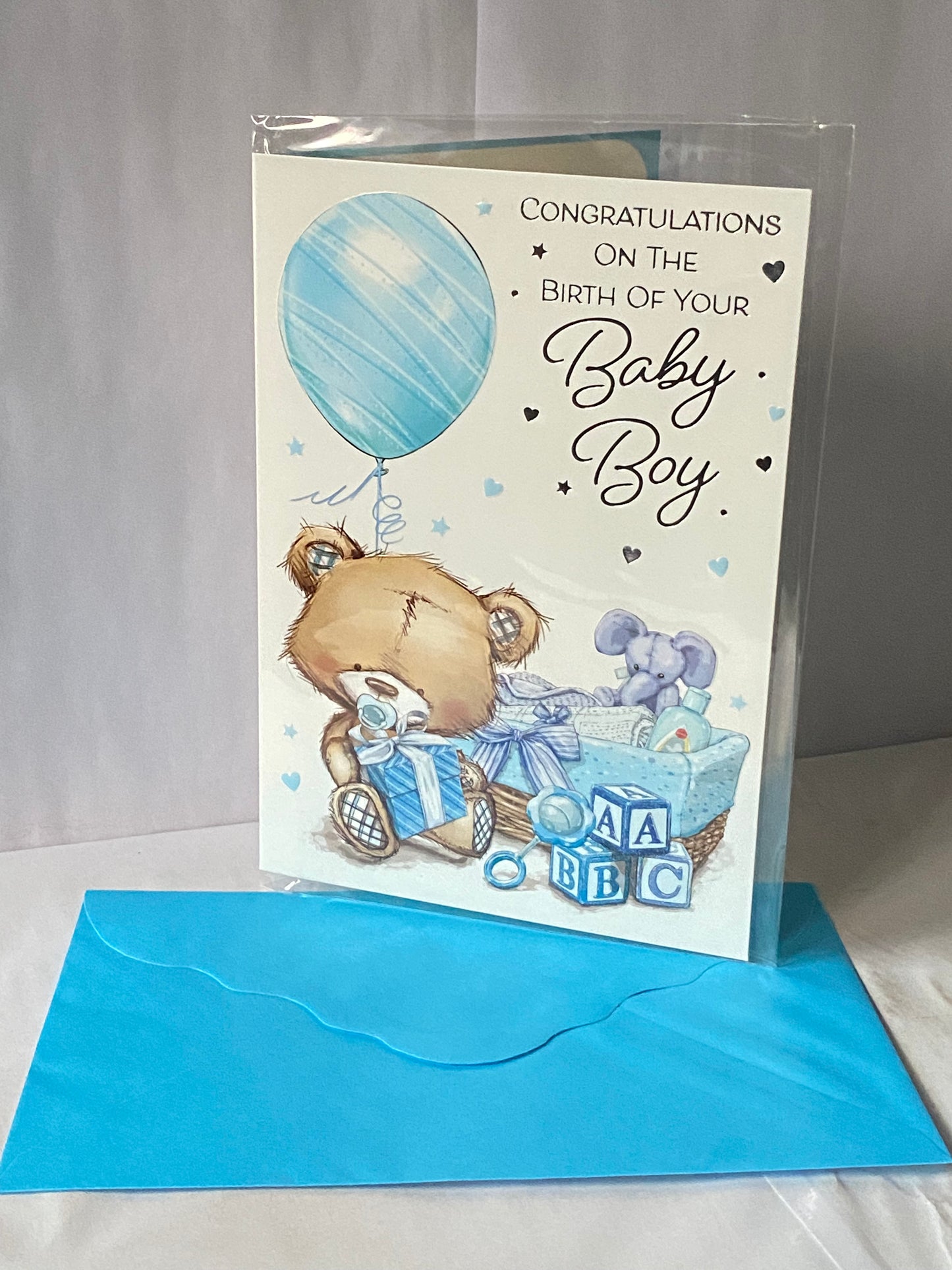 Congratulations On The Birth Of Your Baby Boy New Baby Your Son Born Birth Card Baby Teddy/Blue Balloon+Elephant Foil Detail(PH45873A)