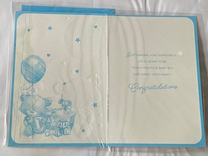 Congratulations On The Birth Of Your Baby Boy New Baby Your Son Born Birth Card Baby Teddy/Blue Balloon+Elephant Foil Detail(PH45873A)