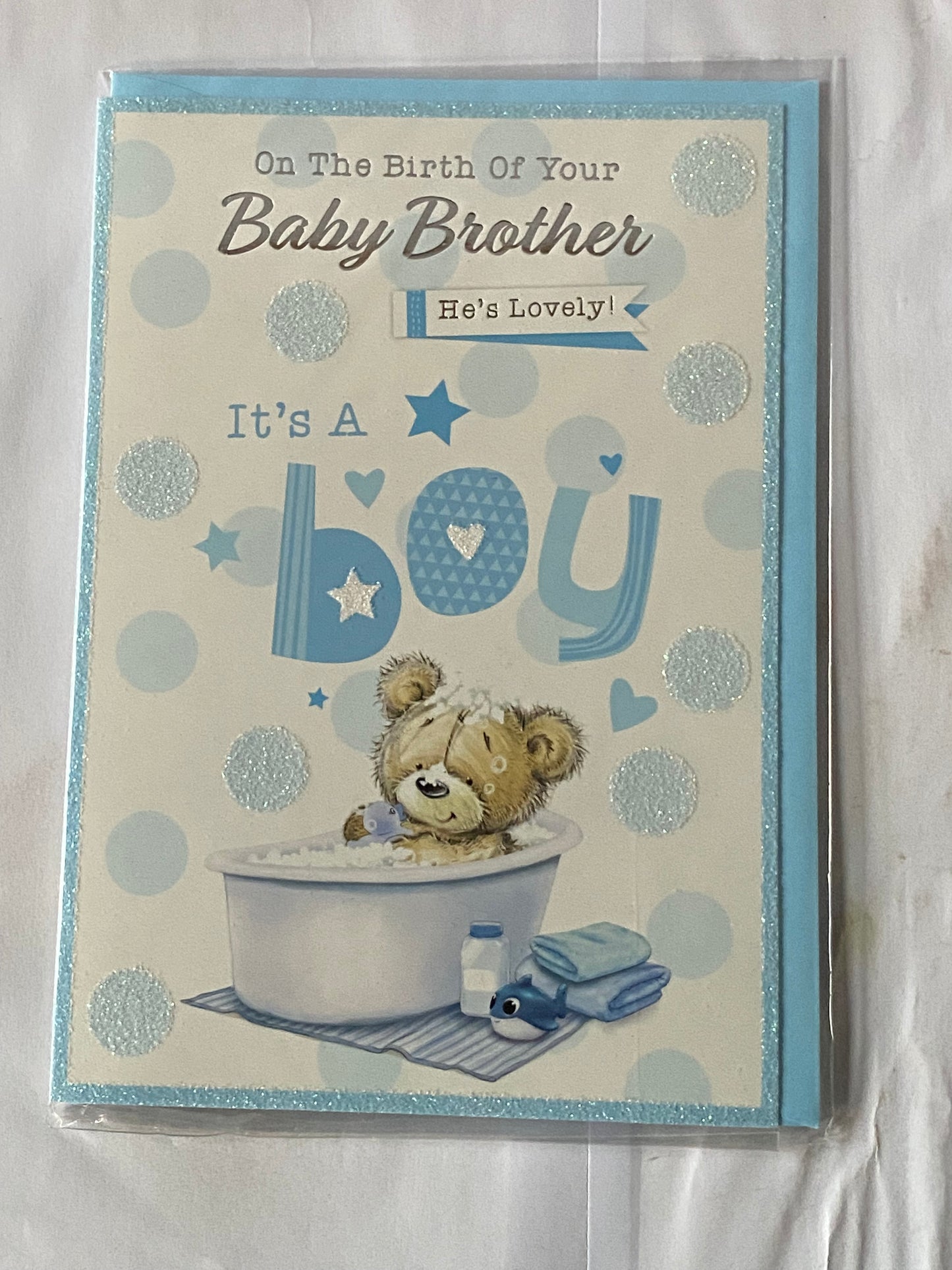 On The Birth of Your Baby Brother He's Lovely! New Baby Boy Born Card Teddy/White Bath/Blue Whale/Blue Spots Glitter/Foil Detail(PH47359A)