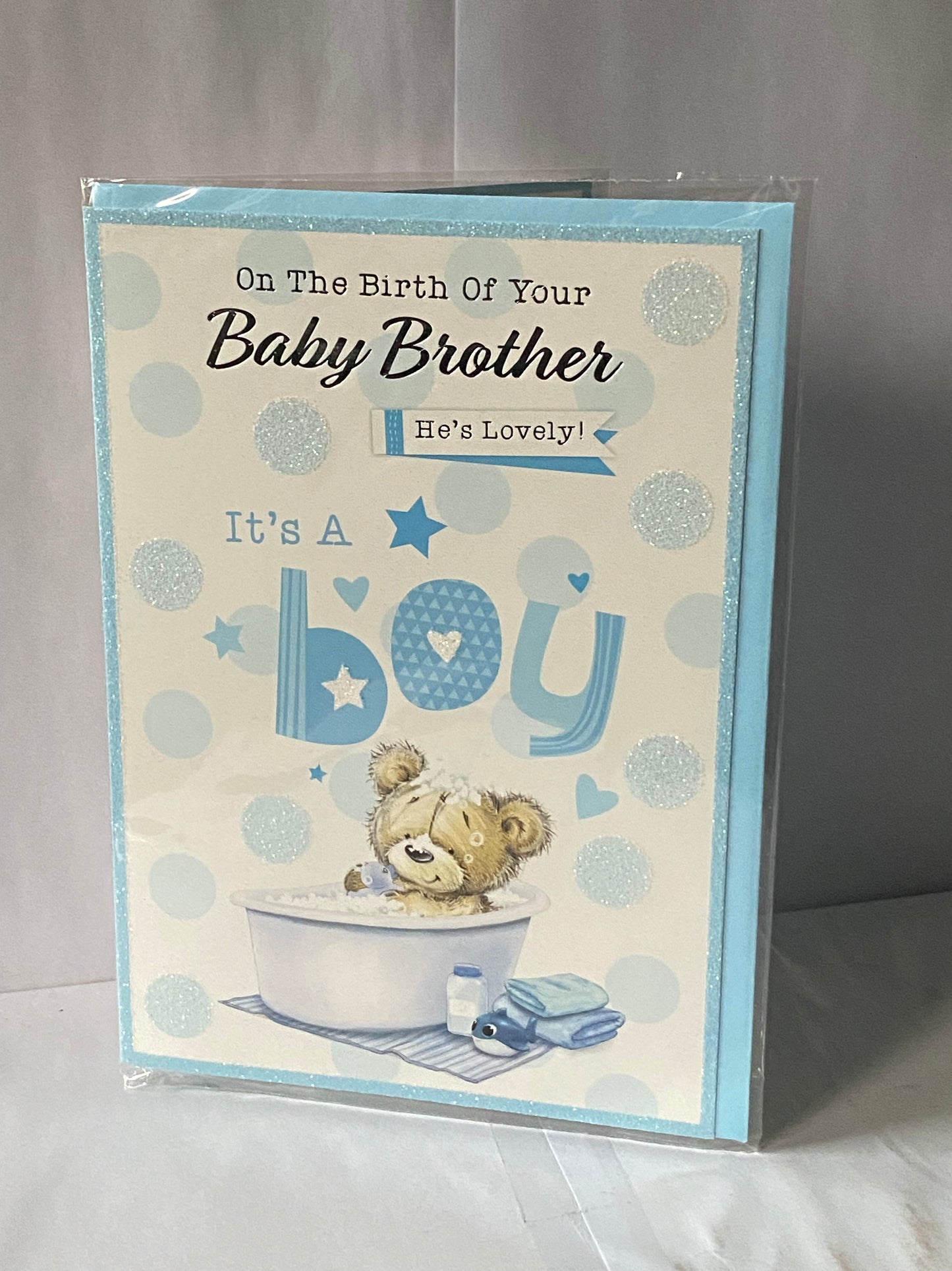 On The Birth of Your Baby Brother He's Lovely! New Baby Boy Born Card Teddy/White Bath/Blue Whale/Blue Spots Glitter/Foil Detail(PH47359A)