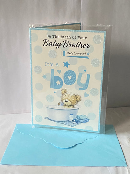 On The Birth of Your Baby Brother He's Lovely! New Baby Boy Born Card Teddy/White Bath/Blue Whale/Blue Spots Glitter/Foil Detail(PH47359A)