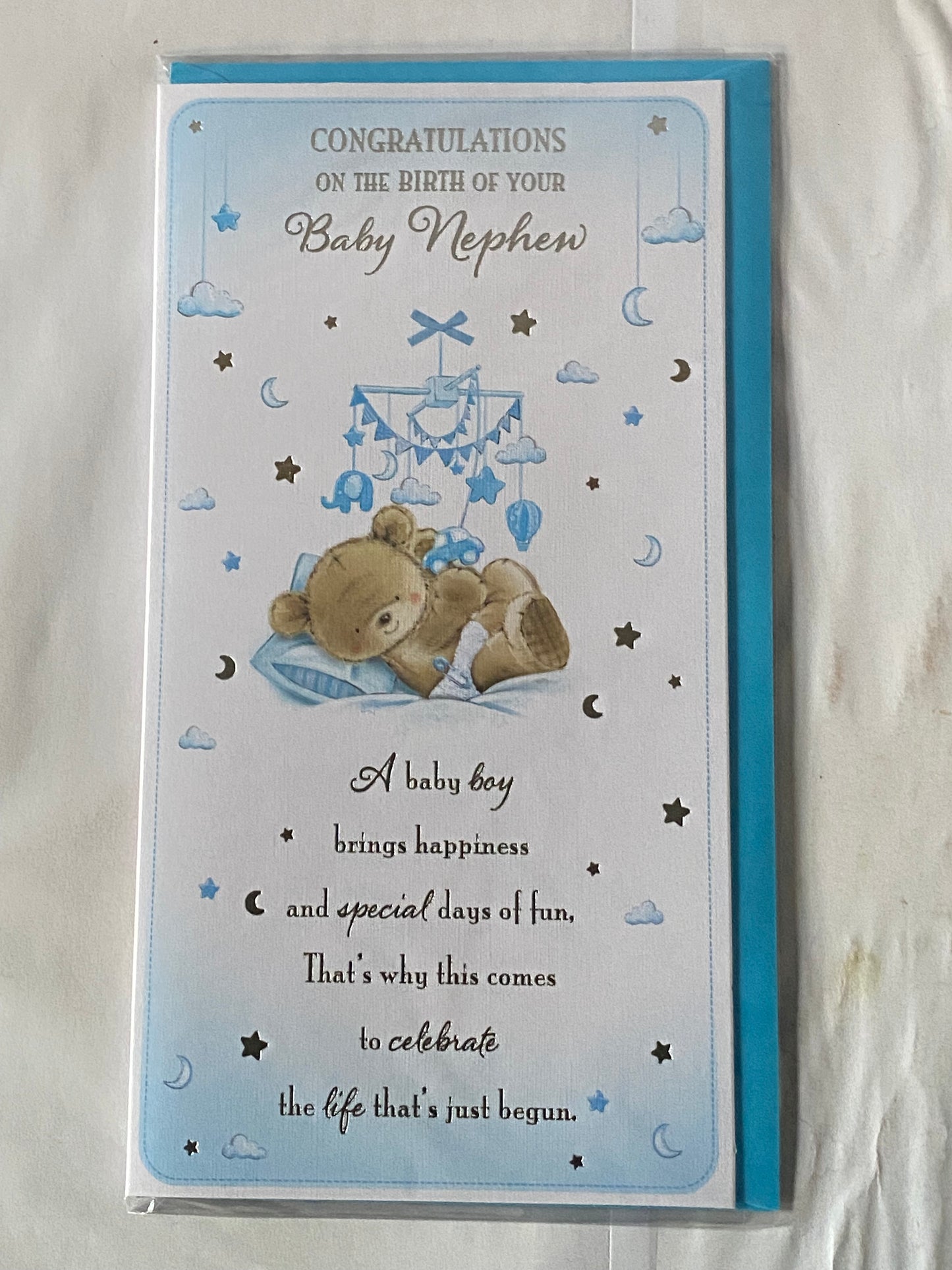 Congratulations On The Birth Of Your Baby Nephew New Baby Born Card White/Blue/Silver Teddy/Mobile/Words Foil Detail(KI42409)