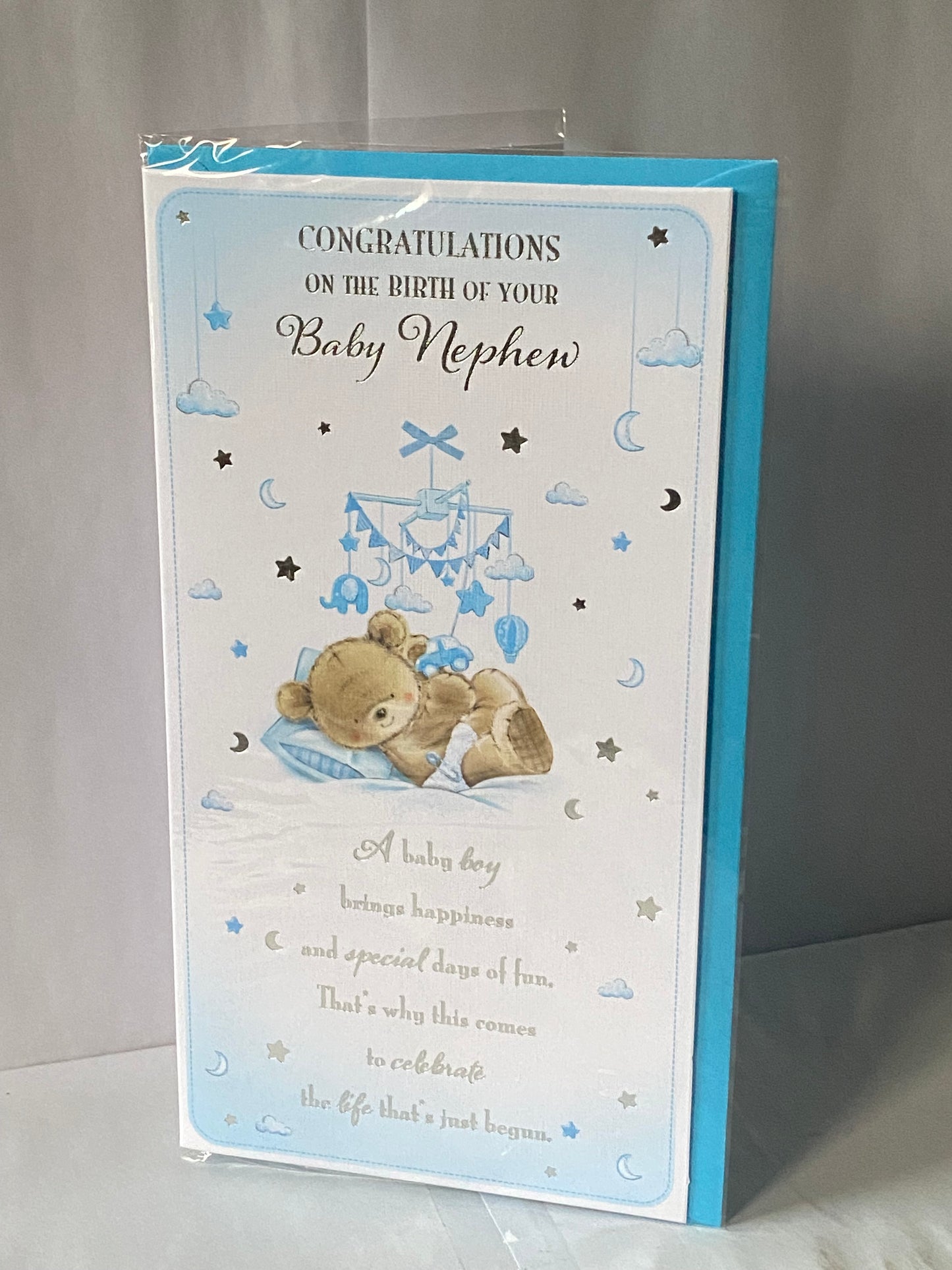 Congratulations On The Birth Of Your Baby Nephew New Baby Born Card White/Blue/Silver Teddy/Mobile/Words Foil Detail(KI42409)