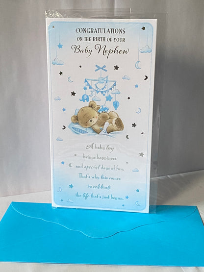 Congratulations On The Birth Of Your Baby Nephew New Baby Born Card White/Blue/Silver Teddy/Mobile/Words Foil Detail(KI42409)