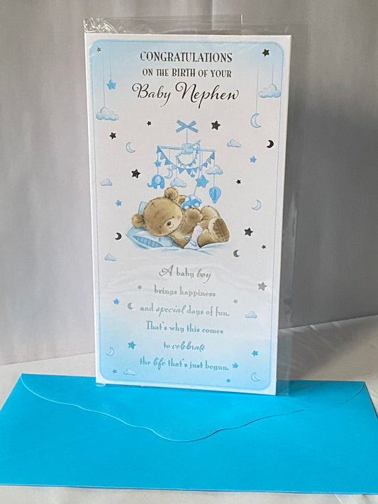 Congratulations On The Birth Of Your Baby Nephew New Baby Born Card White/Blue/Silver Teddy/Mobile/Words Foil Detail(KI42409)