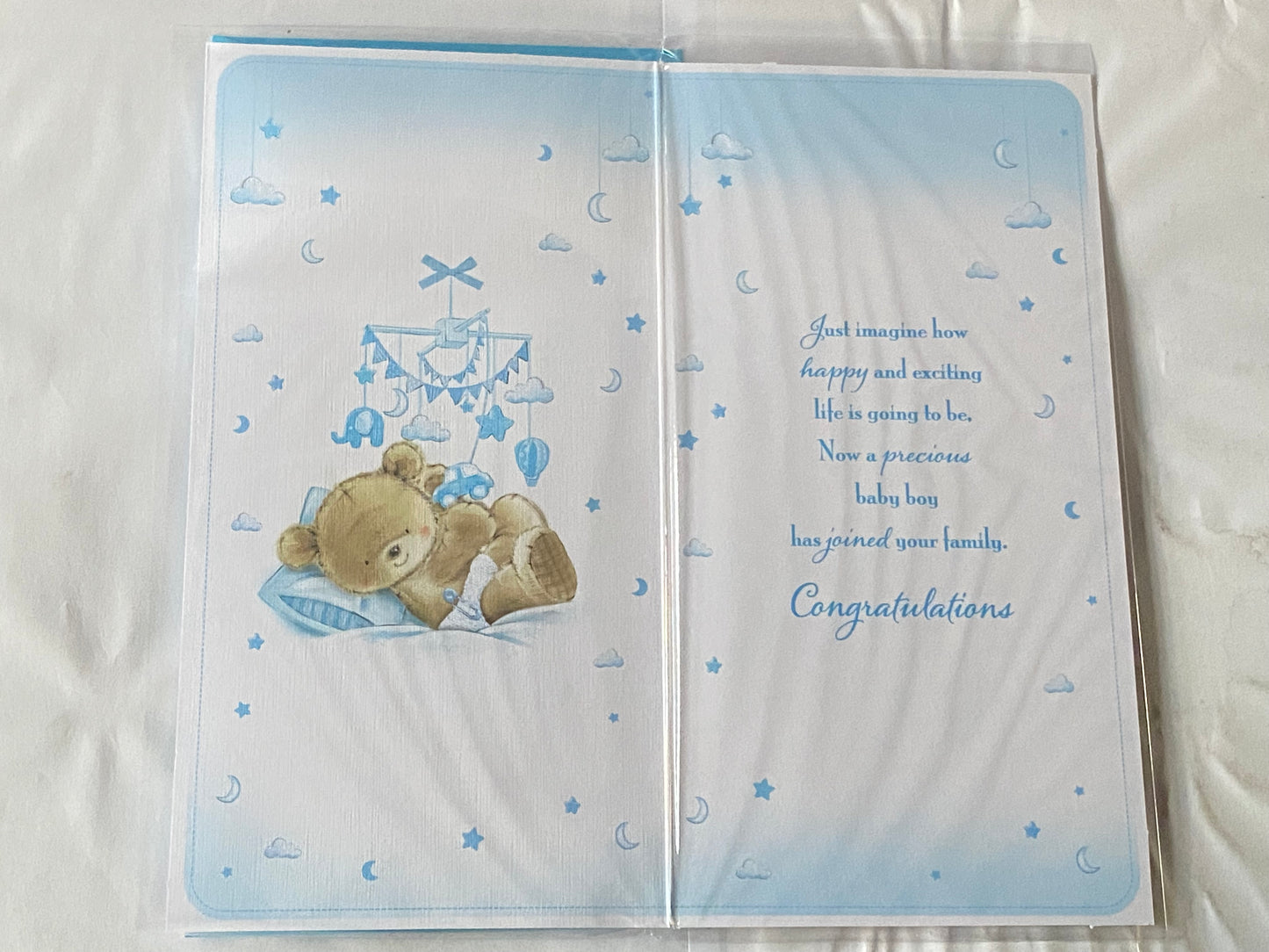 Congratulations On The Birth Of Your Baby Nephew New Baby Born Card White/Blue/Silver Teddy/Mobile/Words Foil Detail(KI42409)