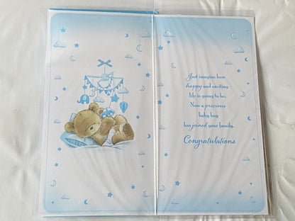 Congratulations On The Birth Of Your Baby Nephew New Baby Born Card White/Blue/Silver Teddy/Mobile/Words Foil Detail(KI42409)