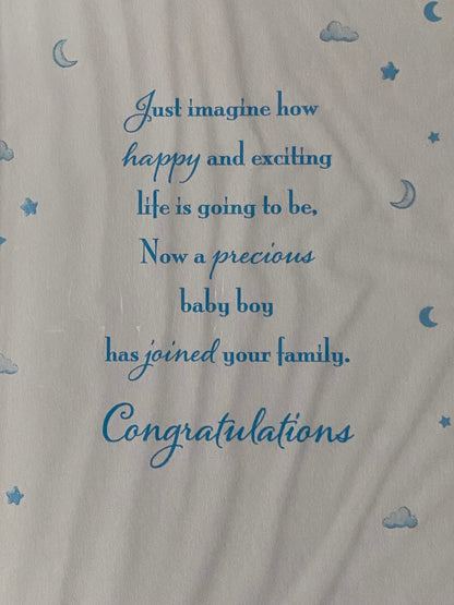 Congratulations On The Birth Of Your Baby Nephew New Baby Born Card White/Blue/Silver Teddy/Mobile/Words Foil Detail(KI42409)