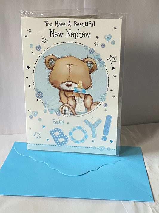 You Have A Beautiful New Nephew Baby Boy Born Birth Card White/Blue Teddy/Bottle Glitter/Foil Detail(PH43646A)